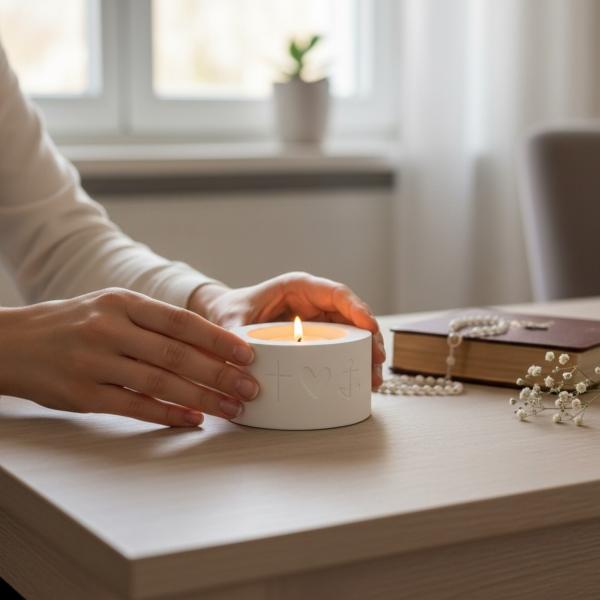 Runder Teelichthalter aus Raysin mit Schriftzug Glaube Liebe Hoffnung als Tischdekoration für religiöse Feste.